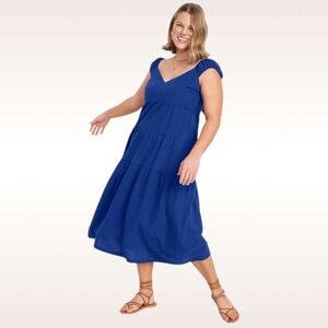 Old Navy Dress Womens 4X Blue Fit & Flare Tiered‎ Seersucker All-Day Maxi